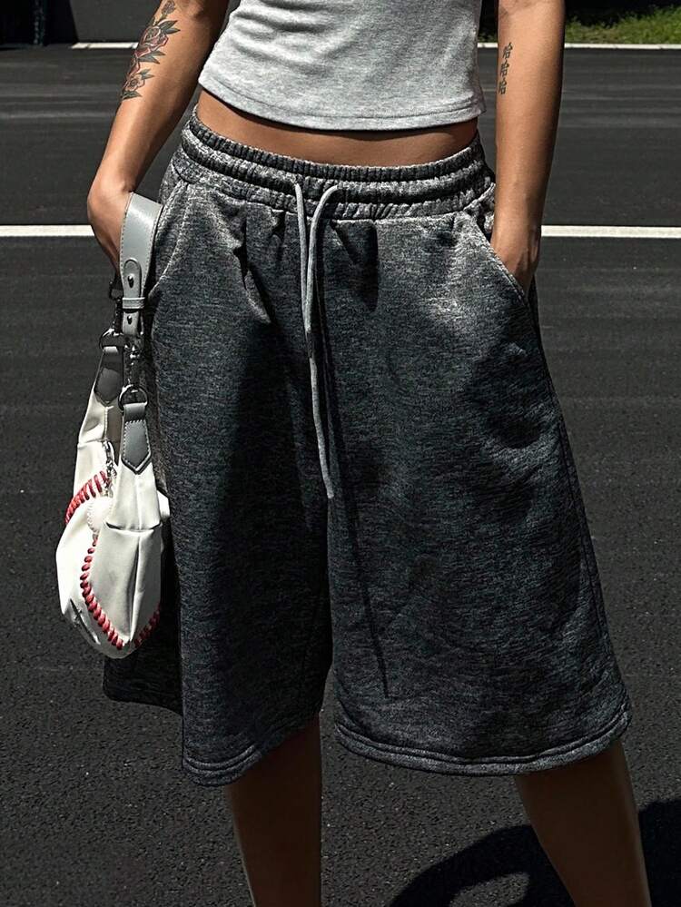 Women's Casual Loose Drawstring Waist Wide Leg Shorts Sweater Shorts