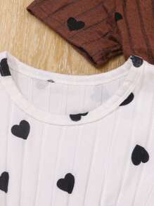 青少年女孩纯色短袖心形图案T恤+心形短裤休闲两件套服装，夏季 - 彩色 - 查看 3