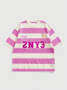 ROMWE MEN Prep 男士条纹字母提花针织镂空圆领短袖毛衣 - 粉色 - 查看 1