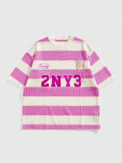 Prep Men's Striped Letter Jacquard Knit Hollow Out Crew Neck Short Sleeve Sweater