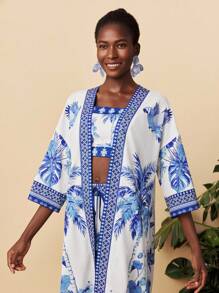 Travachic Woven Printed Cropped Tank Top & Loose Long Shacket & High Waist Wide Leg Pants - Blue and White - View 8