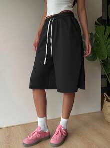 SHEIN EZwear 大码女式黑色休闲短裤 - 黑色 - 查看 6