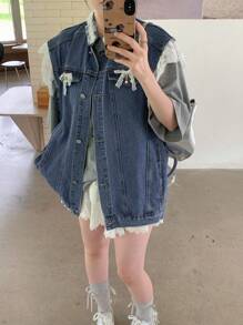 DAZY 水洗蓝色撞色蕾丝袖口荷叶边下摆蝴蝶结饰边无袖牛仔上衣 - 中等水洗藍 - 查看 6