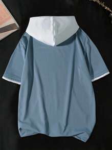 Manfinity EZcore Men Plus Size Letter Patched Kangaroo Pocket Casual Color Block Short Sleeve Drawstring Hooded Tee, For Going Out