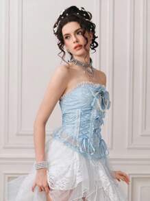 ROMWE Kawaii 女士复洛克风格浪漫珍珠蝴蝶结系带紧身胸衣上衣