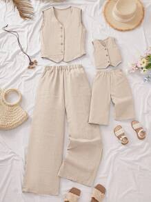 2 件套可爱女婴卡其色无袖上衣和松紧腰裤，夏季服装 - 卡其色 - 查看 1