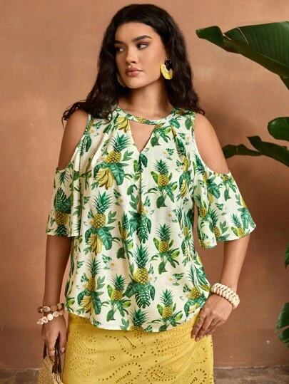 The White Lotus SHEIN VCAY 大码女式夏季度假风格全身印花锁眼领露肩宽松衬衫，热带上衣夏季可爱旅行机场休闲秋装