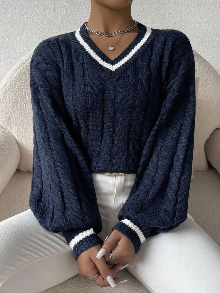 SHEIN PETITE pull à col en V à manches longues en tricot câblé avec bordure contrastée, tricot d'automne/hiver - Bleu marine - Voir 5