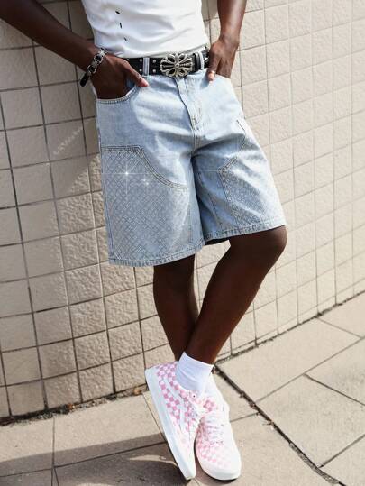 Street Life Herren Sommer Lässig Denim Shorts mit Strass-Verzierung an der Tasche