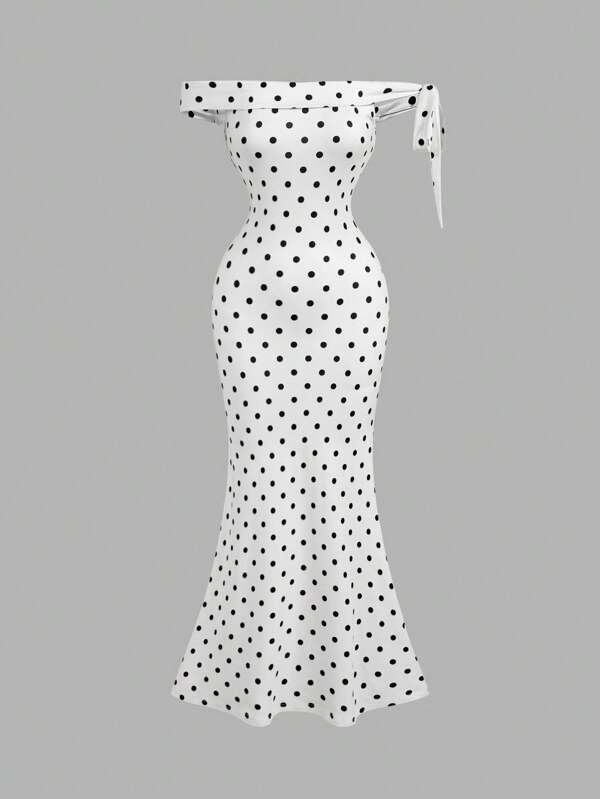 SHEIN MOD Off-Shoulder Elastic Waist Bow Tie Side Dot Print Fishtail Dress, Minimalist & Fashionable, Summer,Polka Dot Dress,Wedding Guest Dress Women,Birthday Dresses For Women,Country Concert Outfit,Party Dresses For Women,Brunch Outfits For Women,Classy Outfits For Women,Tea Party Dress