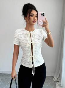 Chiquease Camiseta feminina casual elegante com decote em V e manga curta - Damasco - Ver 3