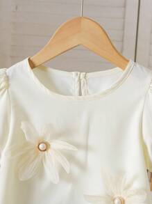 Elladie kids Young Girl Elegant 3D Floral Decor Puff Sleeve Shirt, Summer Dressy Tops For Girls Blouses For Girls Poofy Sleeve Shirt Elegant Shirts For Girls Cute Baby Doll Tops Girls Tops With Flowers