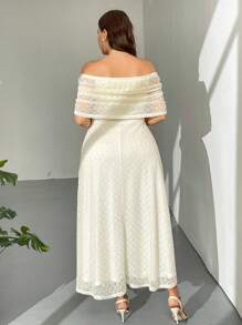 Firerie Váy chữ A trễ vai xòe xẻ tà thanh lịch cỡ lớn dành cho nữ, vải co giãn, họa tiết khi đi làm, mùa hè - Màu be - Xem 3