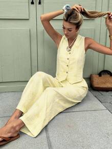 SHEIN Frenchy Bộ đồ thường ngày 2 món áo vest và quần kẻ sọc một hàng khuy mùa hè dành cho nữ - Màu vàng - Xem 4