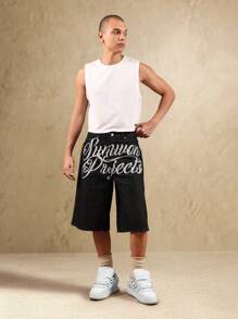 SUMWON Signature Collection Denim Cargo Shorts With Script Embroidery Loose Fit Wide Leg Knee Length Summer Jort Street Style Festival Wear Casual - Blue - View 3