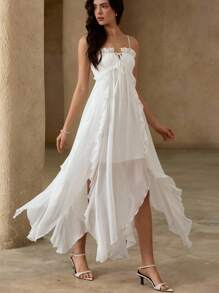 Chiquease Solid Color Chiffon Flowy Spaghetti Strap Waist Ruffled Layered Maxi Long Sleeveless Dress For Women - White - View 5