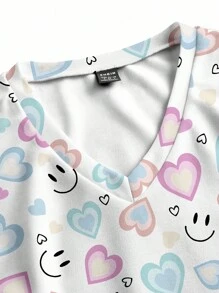 PopScrub Einfaches, lässiges Scrub-Uniform-Oberteil mit Herz- und Lächelgesicht-Muster