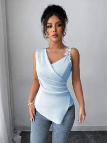 Elenzga Women's Elegant Satin Sleeveless Asymmetrical Lace Trim Camisole Tank Tops, Suitable For Casual Daily Life, Parties And Gatherings - Baby Blue - View 6