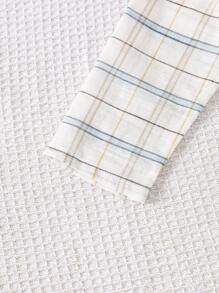 2 件套男童棉麻格子图案开衫，刺绣熊图案，舒适柔软，四季男童睡衣套装儿童睡衣套装格子睡衣套装男童睡衣套装 - 白色 - 查看 4