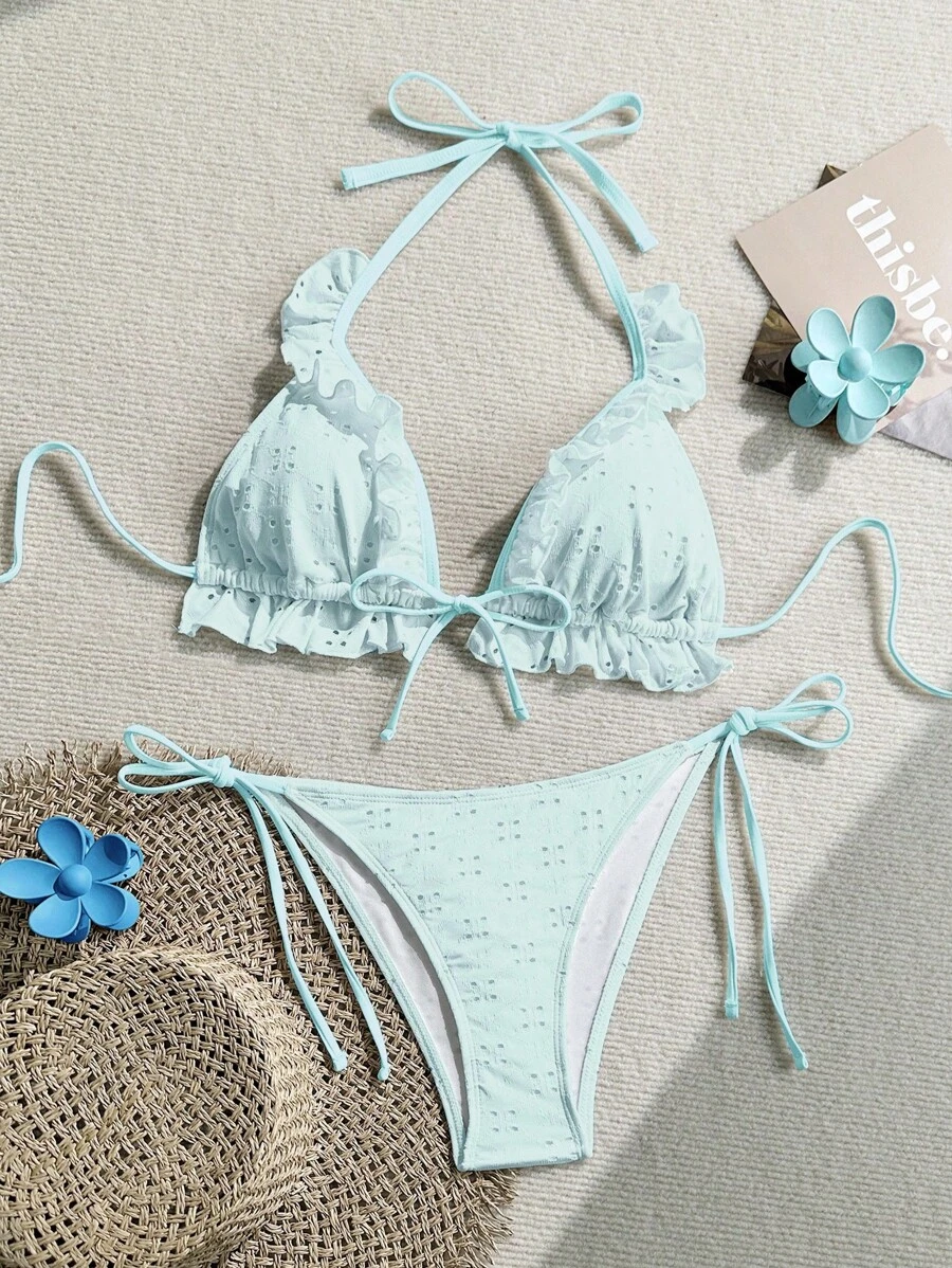 Swim Mod Women's Summer Beach Knit Jacquard Ruched Triangle Top With Side-Tie Bottoms Sweet 2Pcs Swimsuit Set