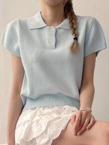 DAZY 女士 Polo 领短袖毛衣 - 藍色 - 查看 1