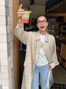 DAZY 女士纯色休闲长袖韩版长款薄款夹克秋冬 - 卡其色 - 查看 2