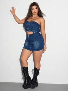 SHEIN ICON Große Größen Sommer Sexy Ausschnitt Bandeau Mini Denim Kleid