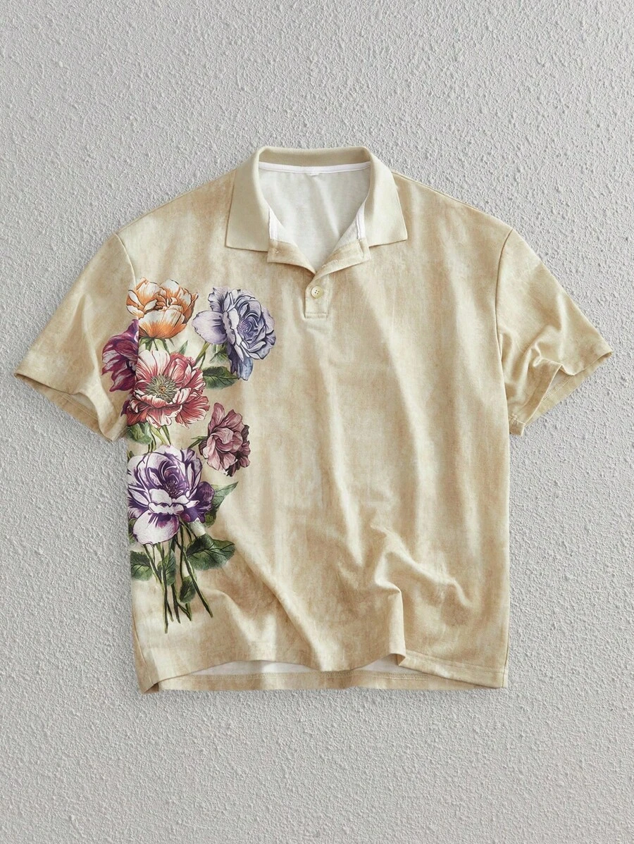 Manfinity VCAY Áo thun POLO cổ tròn tay ngắn in kỹ thuật số thường ngày cho nam, hàng mới về mùa hè - Màu be - Xem 1