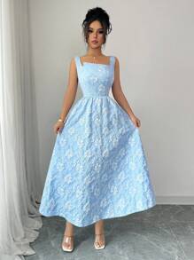 Elenzga 全新女式纹理花卉编织面料纯色宽肩带露背蝴蝶结设计时尚年轻合身通勤休闲收腰修身优雅精致年轻百搭中长连衣裙 - 藍色 - 查看 5