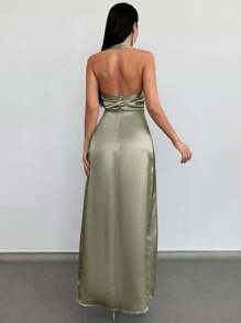 EURMUSE Solid Halter Neck Backless Satin Maxi Dress - Mint Green - View 2