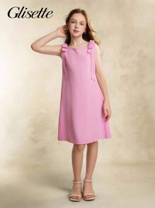 Vestido casual sin mangas de unicolor para niñas preadolescentes - Rosa - Ver 6