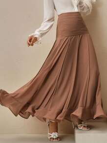 Anewsta 女士优雅高腰褶皱雪纺荷叶边下摆半身裙 - 摩卡棕 - 查看 7