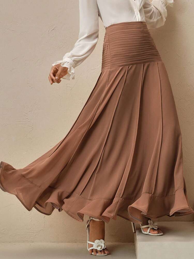 Elegant High Waist Pleated Chiffon Ruffle Hem Skirt For Women
