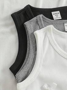3pcs/Set Girls' Summer Bow Decor Sleeveless Knitted Tank Top, Crew Neck, Black/White/Gray, Suitable For Daily, Casual, Holiday, Festival - Multicolor - View 7