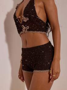 Opulessa Women 3D Floral Decor Fashion Knitted Shorts Holiday Outfits Summer Outfits Vacation In Fall/Winter