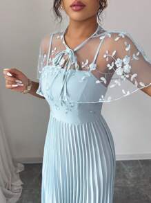 Elenzga Vestido elegante y casual para mujer con cuello de chal de malla bordada, plisado y tirantes para uso en casa u exterior