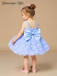 SHEIN Glamorique Kids 女婴粉色 3D 花卉连衣裙，薄纱，缎面面料，泡泡袖，大蝴蝶结装饰，珍珠点缀，适合婴儿婚礼、生日、表演 - 藍色 - 查看 2