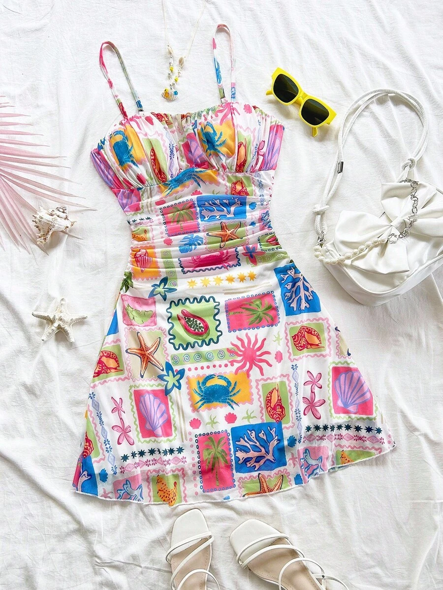 Soleia 女士碎花浪漫细肩带 A 字迷你连衣裙，适合派对、约会、情人节、复活节、狂欢节、海滩巡游、下午茶、时尚夏装 - 彩色 - 查看 1