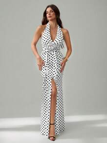 SHEIN Tall 全新优雅厚重手工扭花 3D 花卉装饰性感深 V 领露背收腰美人鱼红色鸡尾酒礼服，适合约会之夜，波尔卡圆点礼服 - 黑與白 - 查看 1