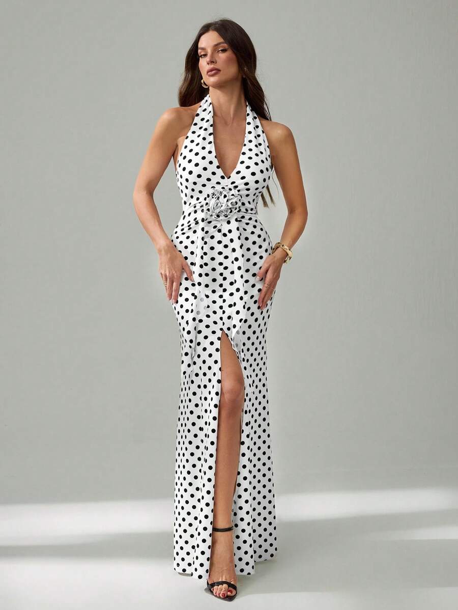 SHEIN Tall 全新优雅厚重手工扭花 3D 花卉装饰性感深 V 领露背收腰美人鱼红色鸡尾酒礼服，适合约会之夜，波尔卡圆点礼服 - 黑與白 - 查看 1