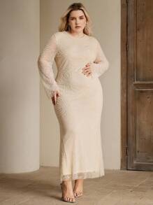 Anewsta Đầm dự tiệc tay dài đính hạt lưới sequin cỡ lớn cho nữ - Màu be - Xem 3