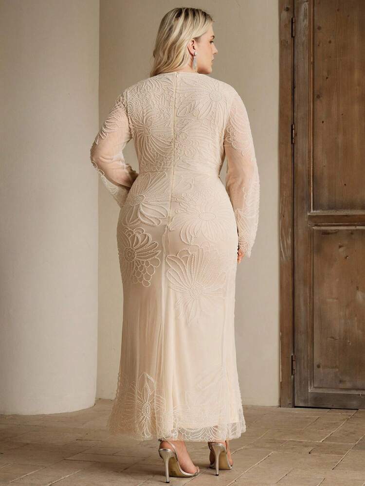 Vestido de fiesta elegante de manga larga con lentejuelas y cuentas en malla para mujer de talla grande