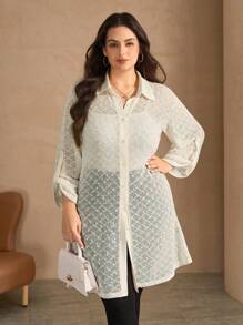 SHEIN Clasi Áo sơ mi tay dài cài nút phía trước màu trơn cỡ lớn thường ngày - Màu be - Xem 7