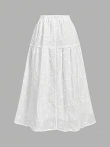 SHEIN MOD 女式松紧腰花卉刺绣百褶休闲裙 - 白色 - 查看 2