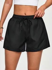 Easithlete Damen Lässig einfarbige Shorts mit Kordelzug an der Taille, lose Workout Shorts, schwarze Athletik Shorts für Damen, schwarze Shorts für Damen, schwarze Workout Shorts für Damen, aktive Shorts, hochgeschnittene schwarze Shorts - Schwarz - Übersicht 3