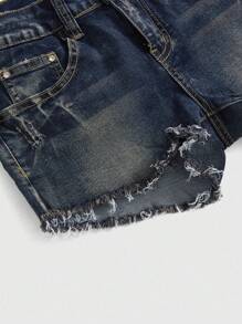 ROMWE Grunge Punk Pantalones cortos vaqueros de talla grande con aspecto vintage bordados con calavera y enredadera de rosas, estilo Y2K - Azul - Ver 3