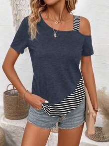 EMERY ROSE Patchwork Striped Asymmetrical Collar Casual T-Shirt Graphic Tees Women Tops