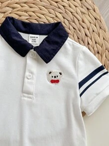 Baby Bear Color Block Polo Collar Short Sleeve Romper With Shorts