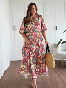 SHEIN Clasi 大码女式夏季度假风格全印花荷叶边系带泡泡袖腰部修身连衣裙 - 彩色 - 查看 6
