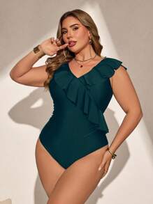 Swim Lushoire Plus Size Women Solid Color V-Neck Ruffle Trim One-Piece Swimsuit For Summer Beach Vacation - Olive Green - View 5
